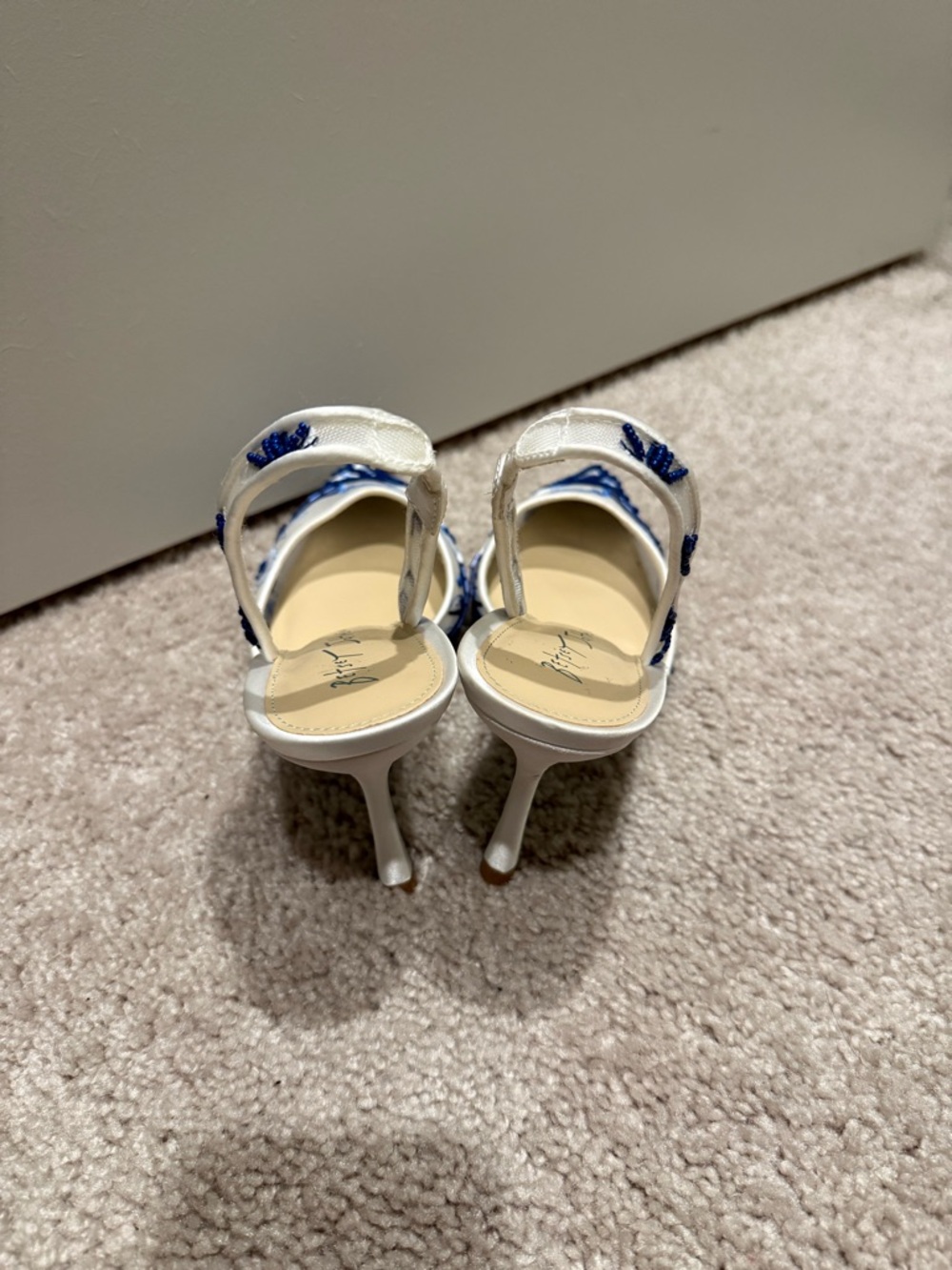 Betsey Johnson White Slingback Heels with Blue Floral Embroidery - Picture 4 of 7